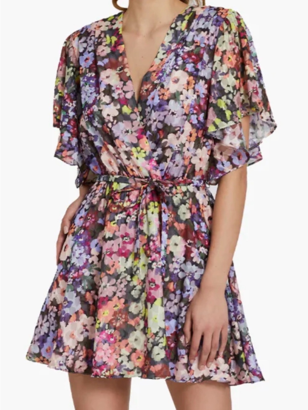 Amanda Uprichard Lucretia Mini Dress Floral in Zahra Fleur V-Neck M *Missing Tie